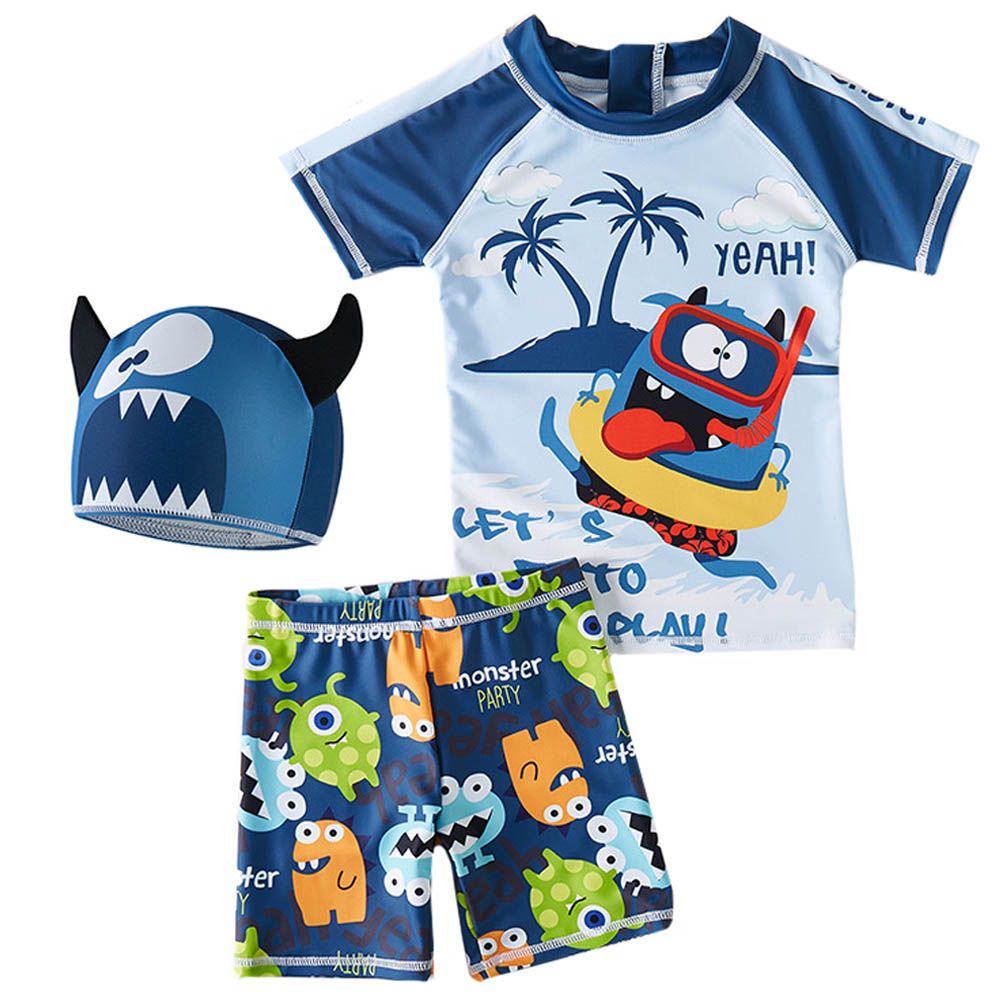 Sugar Rush - 3pc-Set - Round Neck Swimwear & Cap - Blue