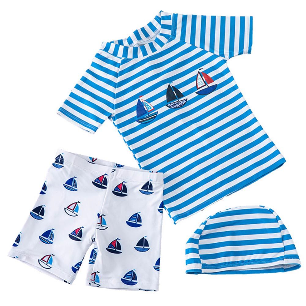 Sugar Rush - 3pc-Set - Round Neck Striped Swimwear & Cap