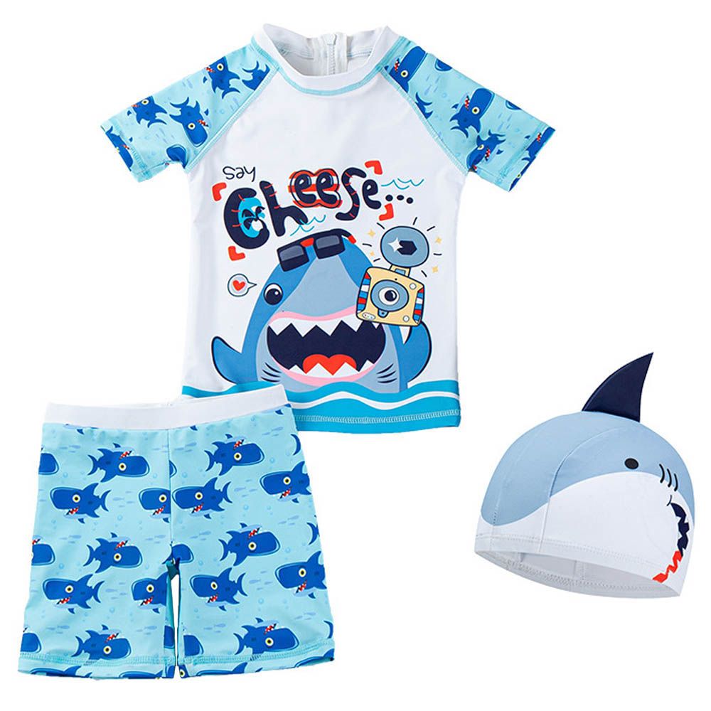 Sugar Rush - 3pc-Set - Boys Shark Round Neck Swimsuit & Cap