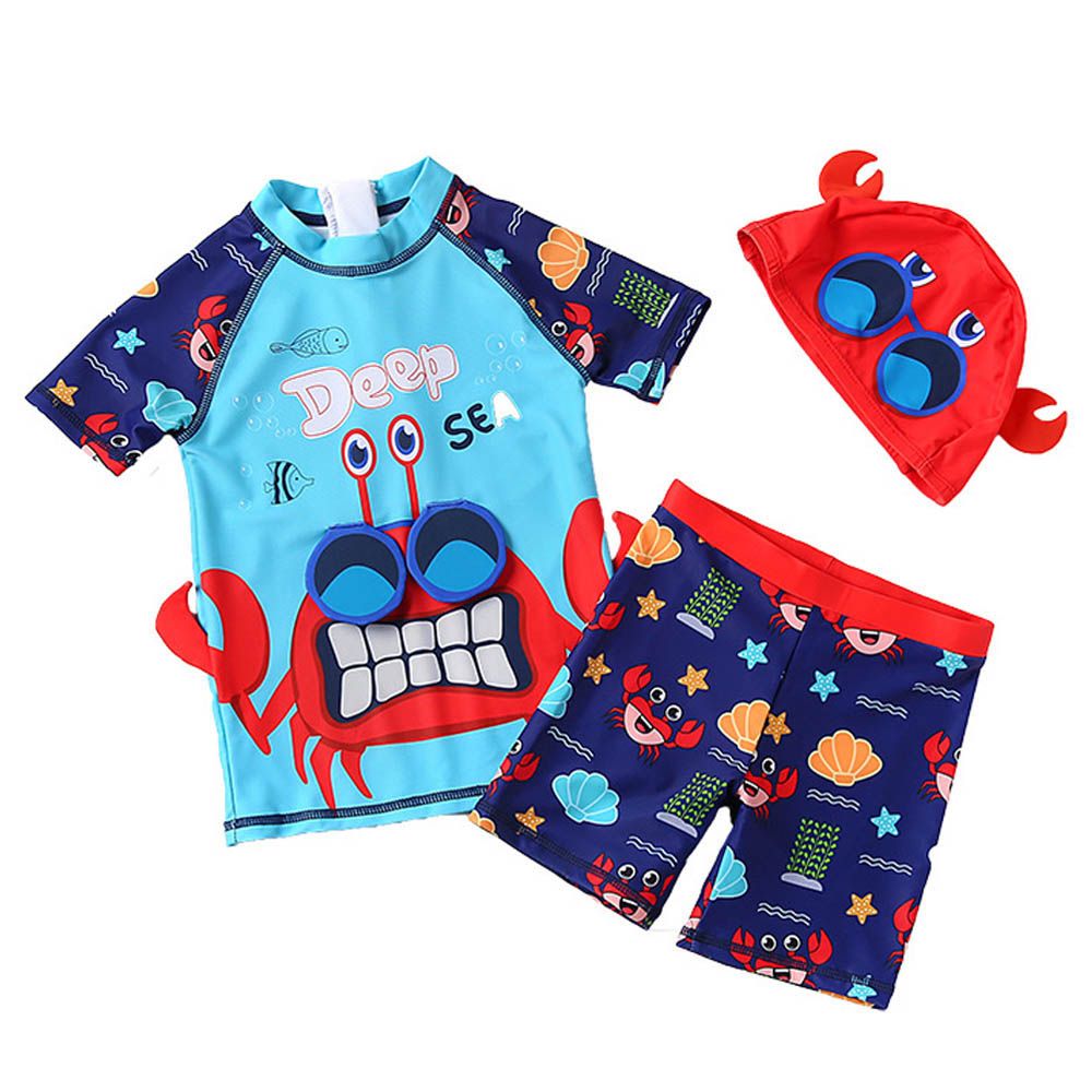 Sugar Rush - 3pc-Set - Short Sleeves Swimwear & Cap - Blue