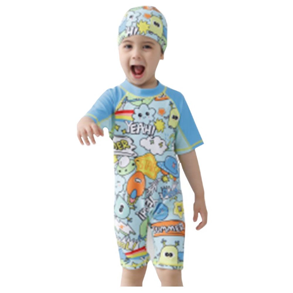 Sugar Rush - 2pc-Set - Short Sleeves Swimsuit & Cap - Blue