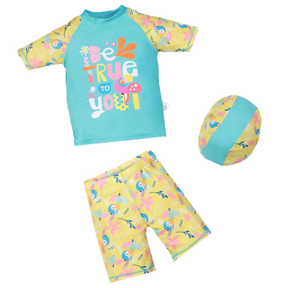 Sugar Rush - 3pc-Set - Full Sleeves Swimwear & Cap - Yellow