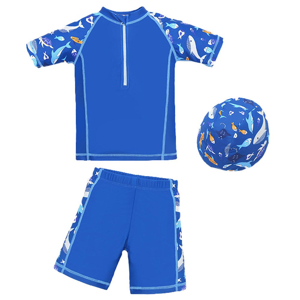 Sugar Rush - 3pc-Set - Boys Printed Swimwear & Cap - Blue