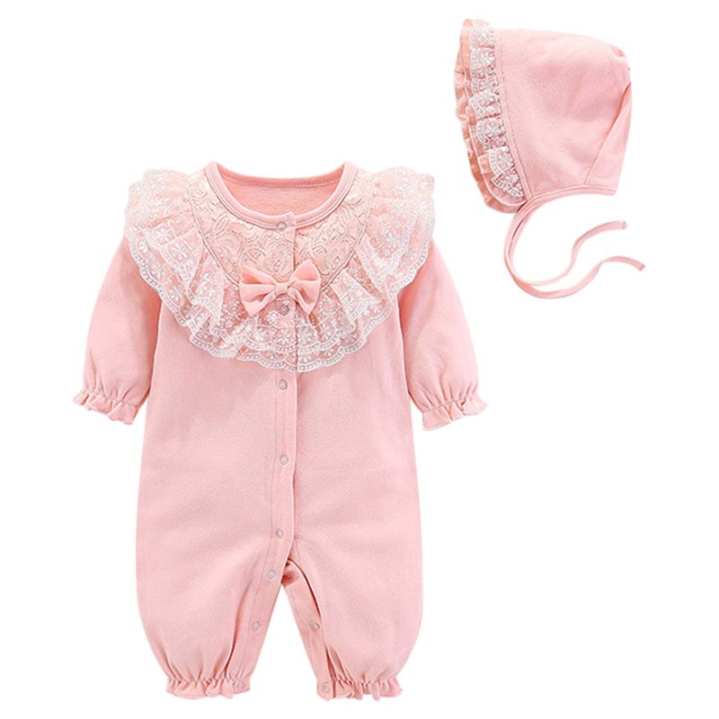 Sugar Rush - Full Sleeves Laced Romper With Cap - Pink