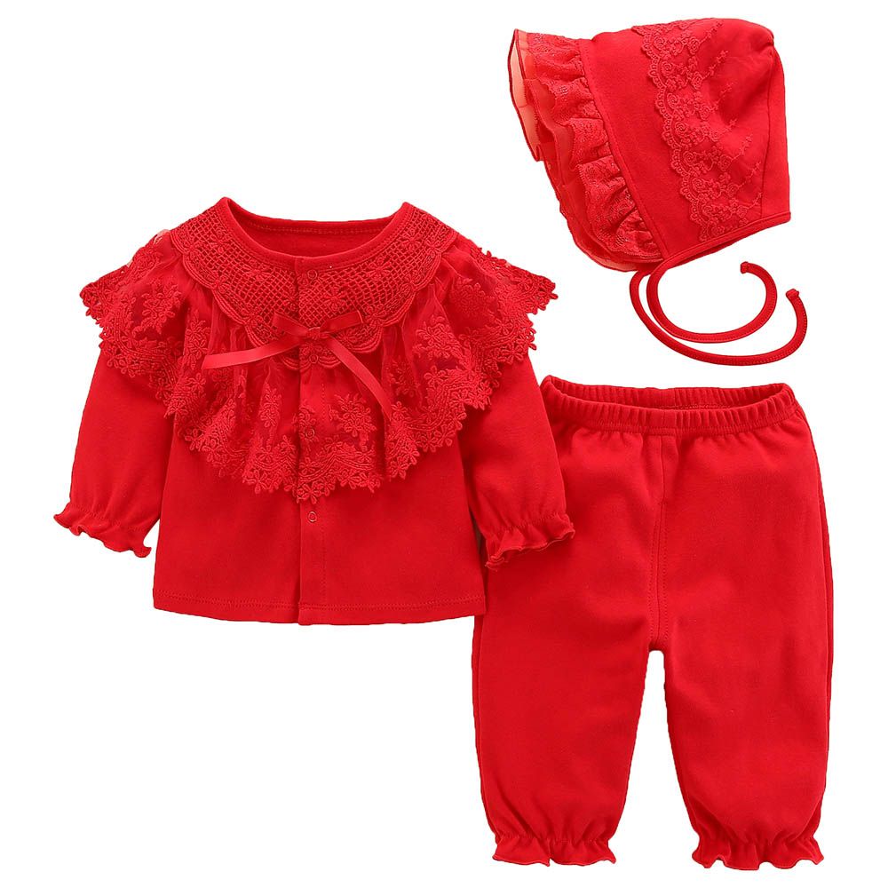 Sugar Rush - Laced Round Neck Combo Set - Red