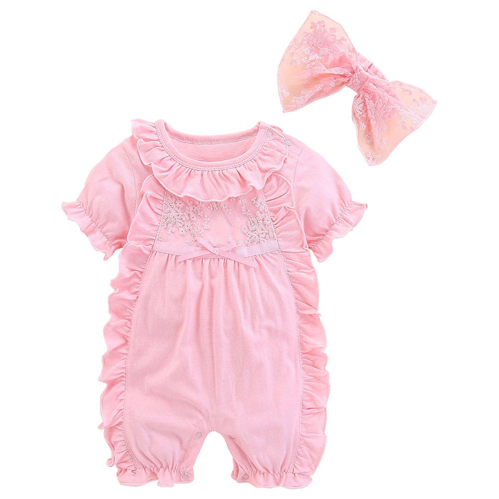 Sugar Rush - Embroidered Romper With Bow Headband - Pink