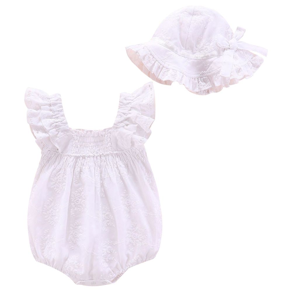 Sugar Rush - Embroidered Romper With Cap - White_0m-12m