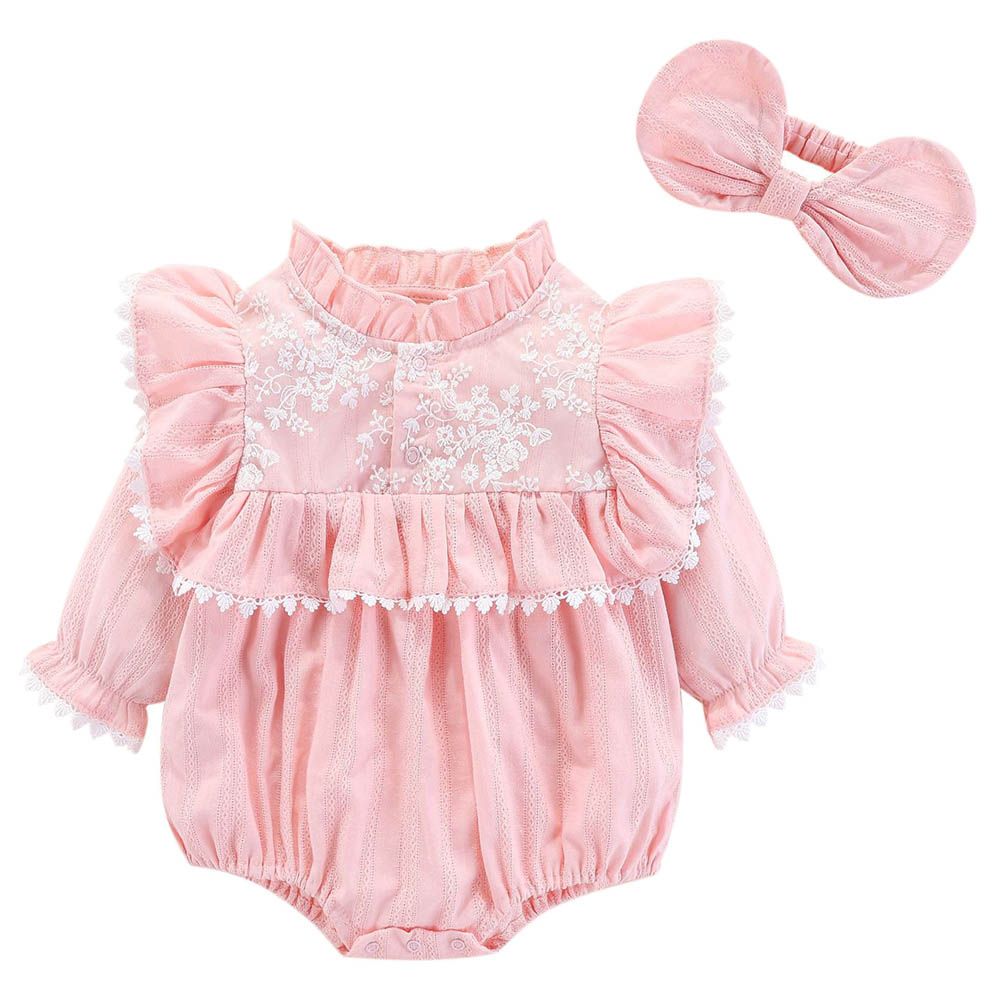 Sugar Rush - Round Neck Embroidered Romper - Pink