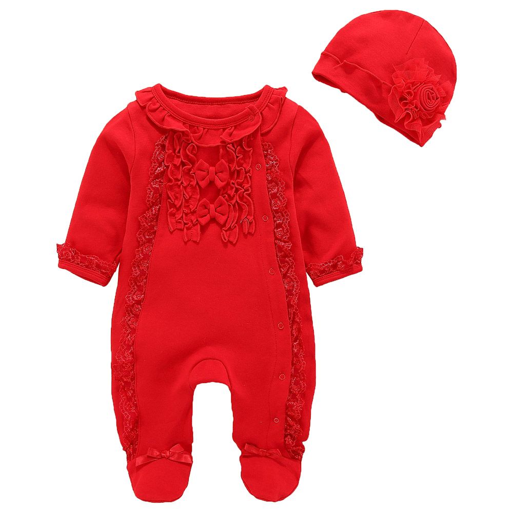 Sugar Rush - Appliqued Romper With Cap - Red_0m-12m