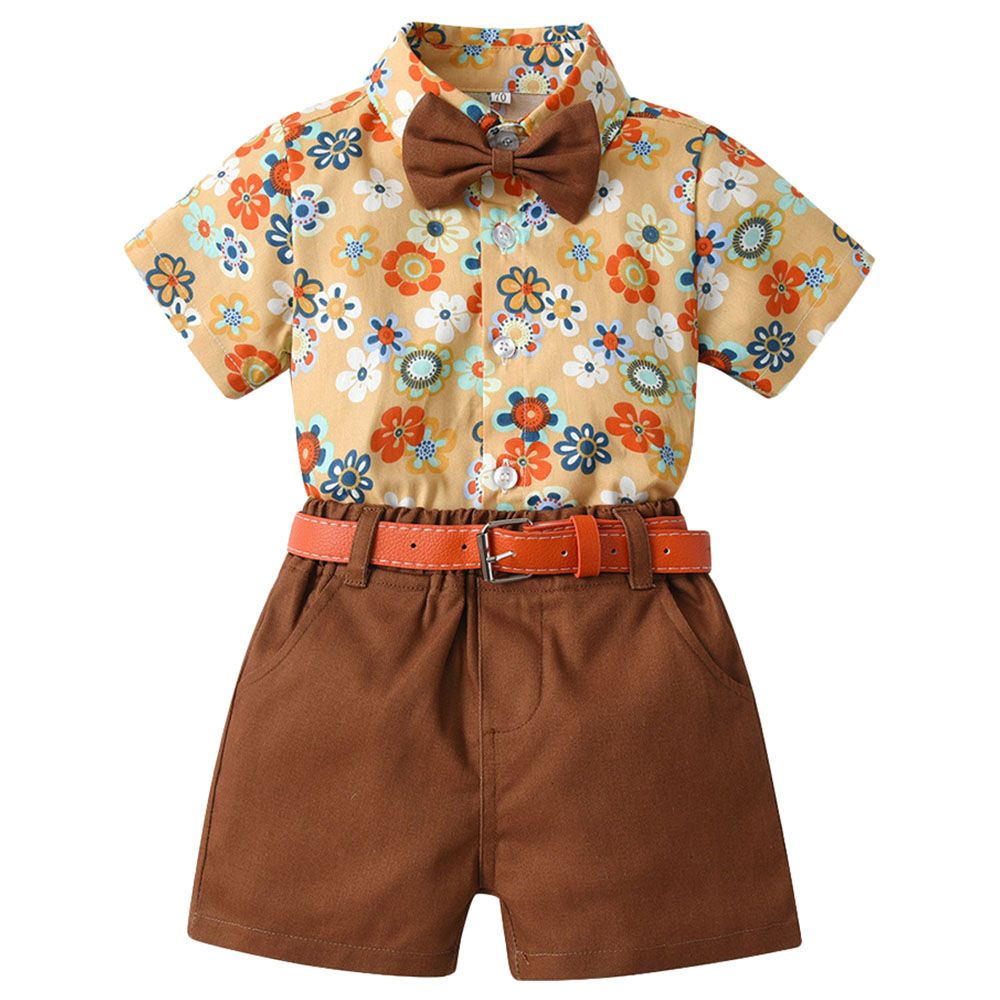 Sugar Rush - 2pc-set - Boys Floral Shirt & Shorts - Brown