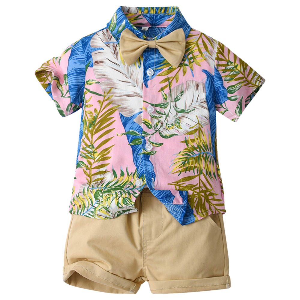 Sugar Rush - 2pc-set - Printed Solid Shirt & Shorts - Khaki