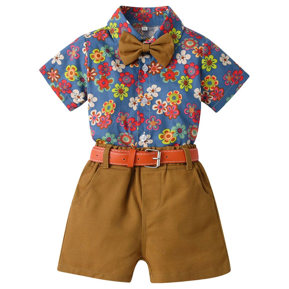 Sugar Rush - 2pc-set Short Sleeves Shirt & Shorts - Brown/Blue