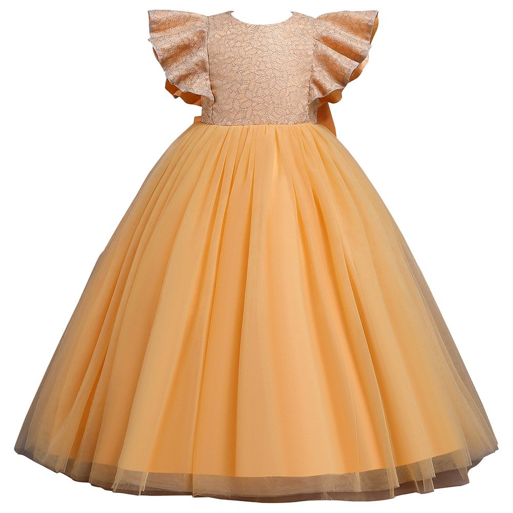 Sugar Rush - Laced Round Neck Long Party Dress - Orange