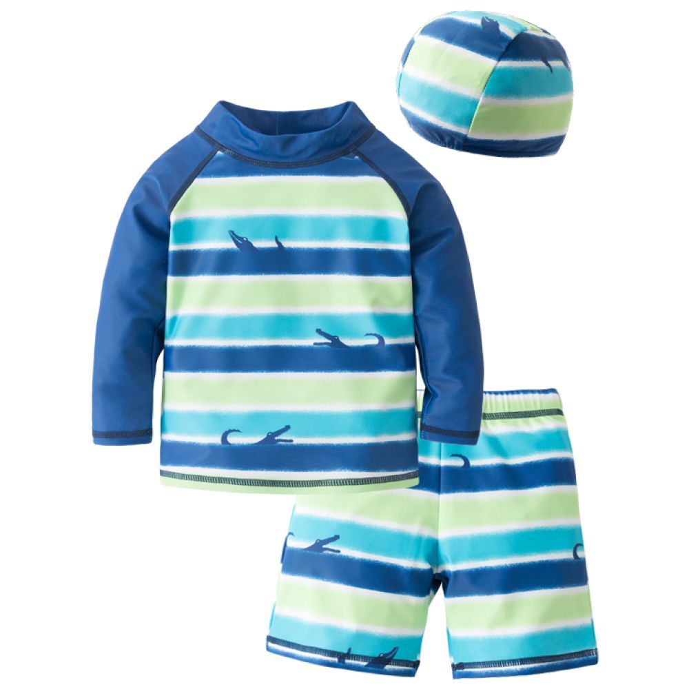 Sugar Rush - Striped  Round Neck Full Sleeves 3pc Sets - Tops + Shorts with Caps - Blue