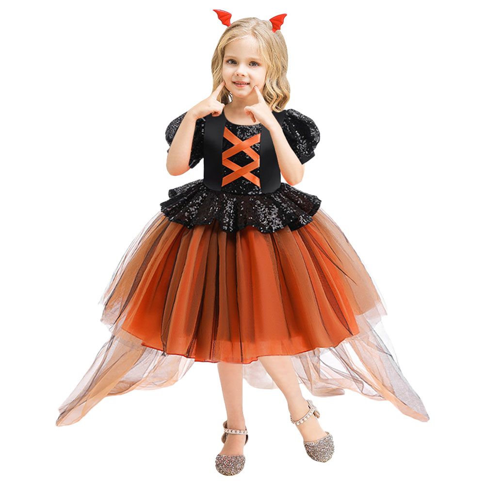 Sugar Rush - Appliqued Short Sleeves Party Dress - Orange