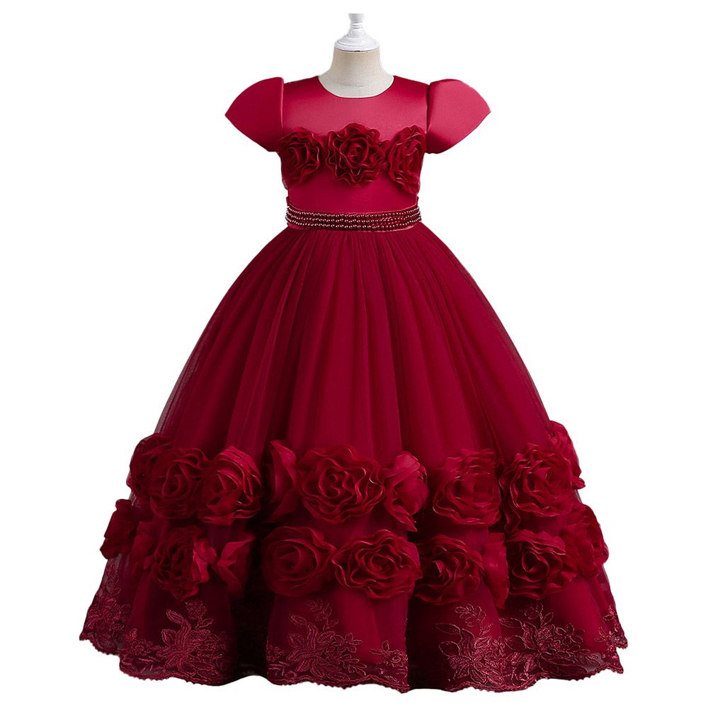 Sugar Rush - Appliqued Short Sleeves Party Dress - Maroon