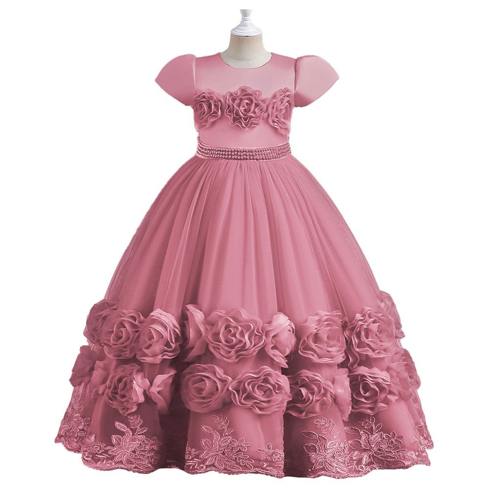 Sugar Rush - Appliqued Short Sleeves Party Dress - Pink