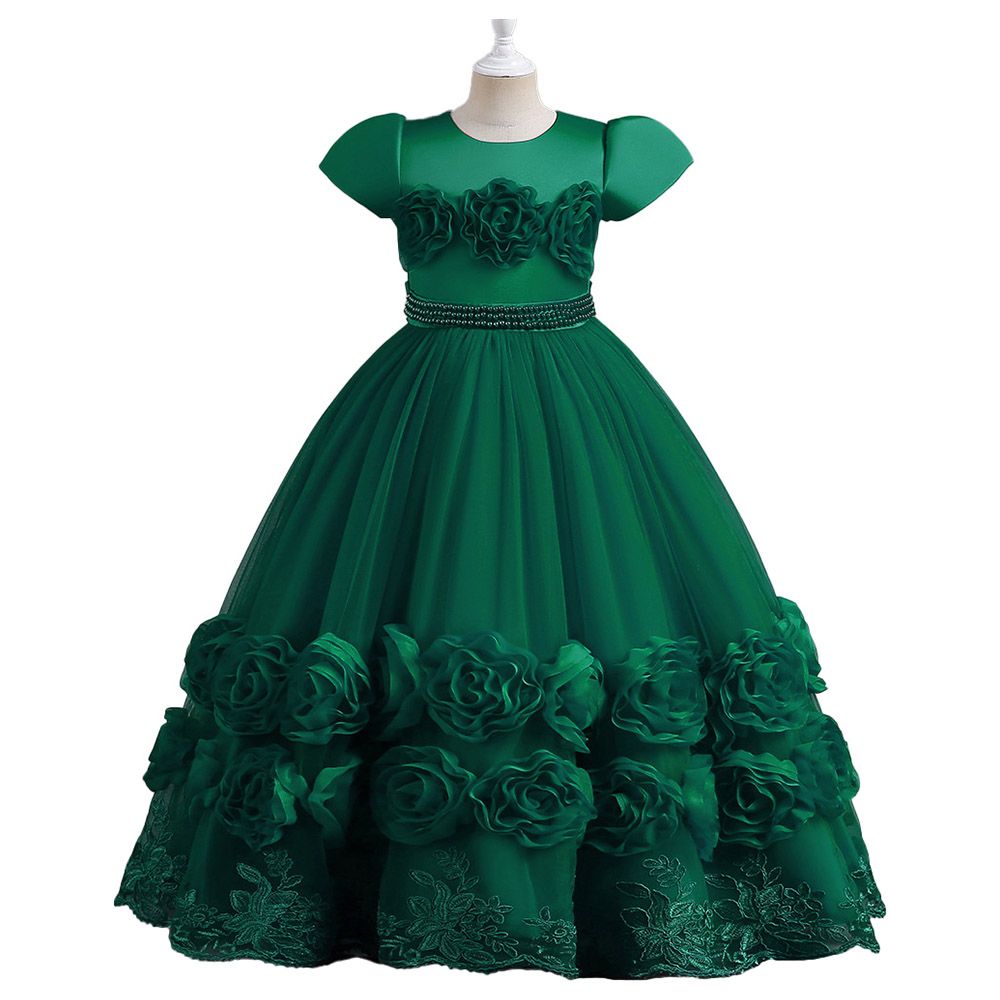 Sugar Rush - Appliqued Short Sleeves Party Dress - Green