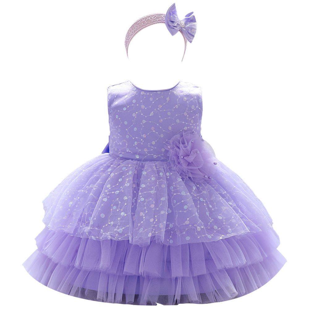 Sugar Rush - Appliqued Round Neck Sleeveless Party Dress - Purple