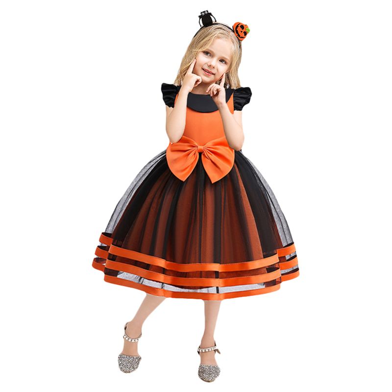 Sugar Rush - Appliqued Cap Sleeves Halloween Party Dress - Orange