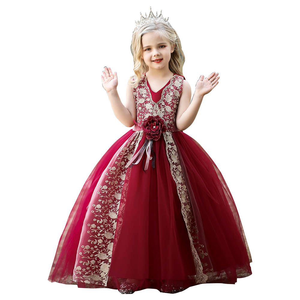 Sugar Rush - Appliqued Sleeveless Party Dress - Maroon