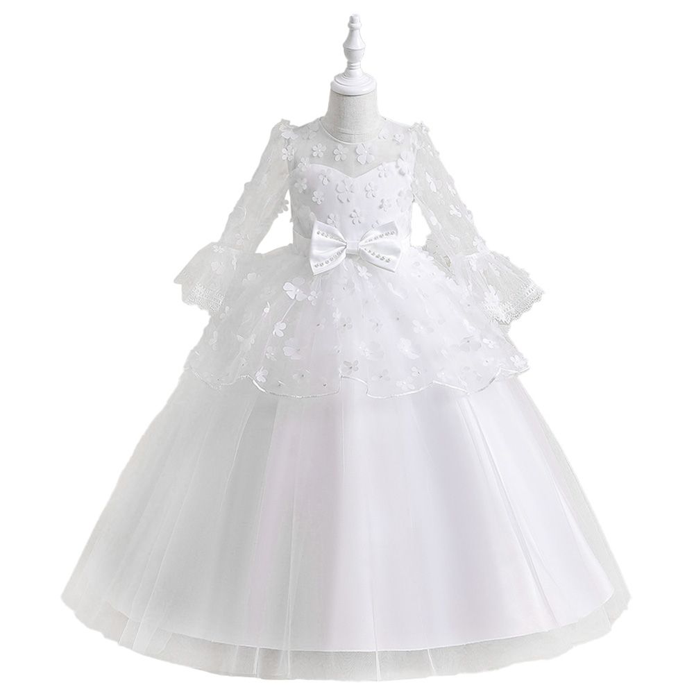 Sugar Rush - Appliqued Full Sleeves Solid Party Dress - White