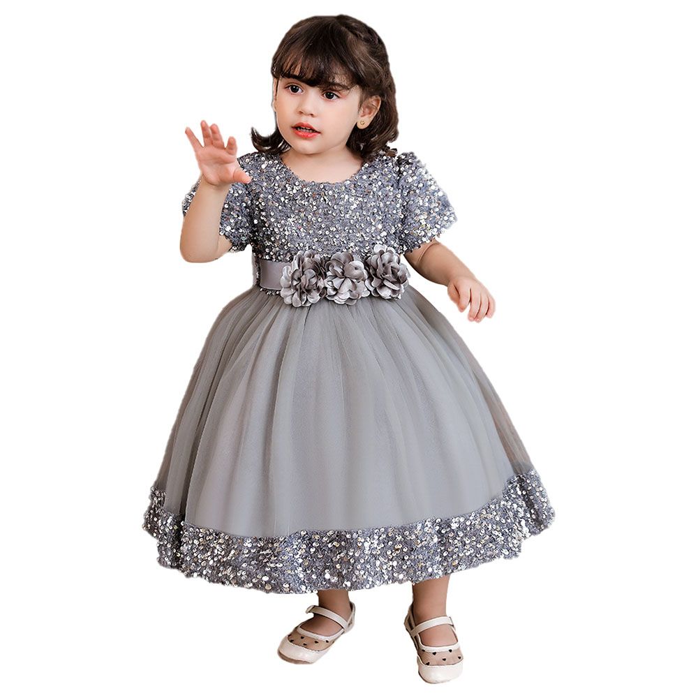 Sugar Rush - Appliqued Round Neck Party Dress - Grey