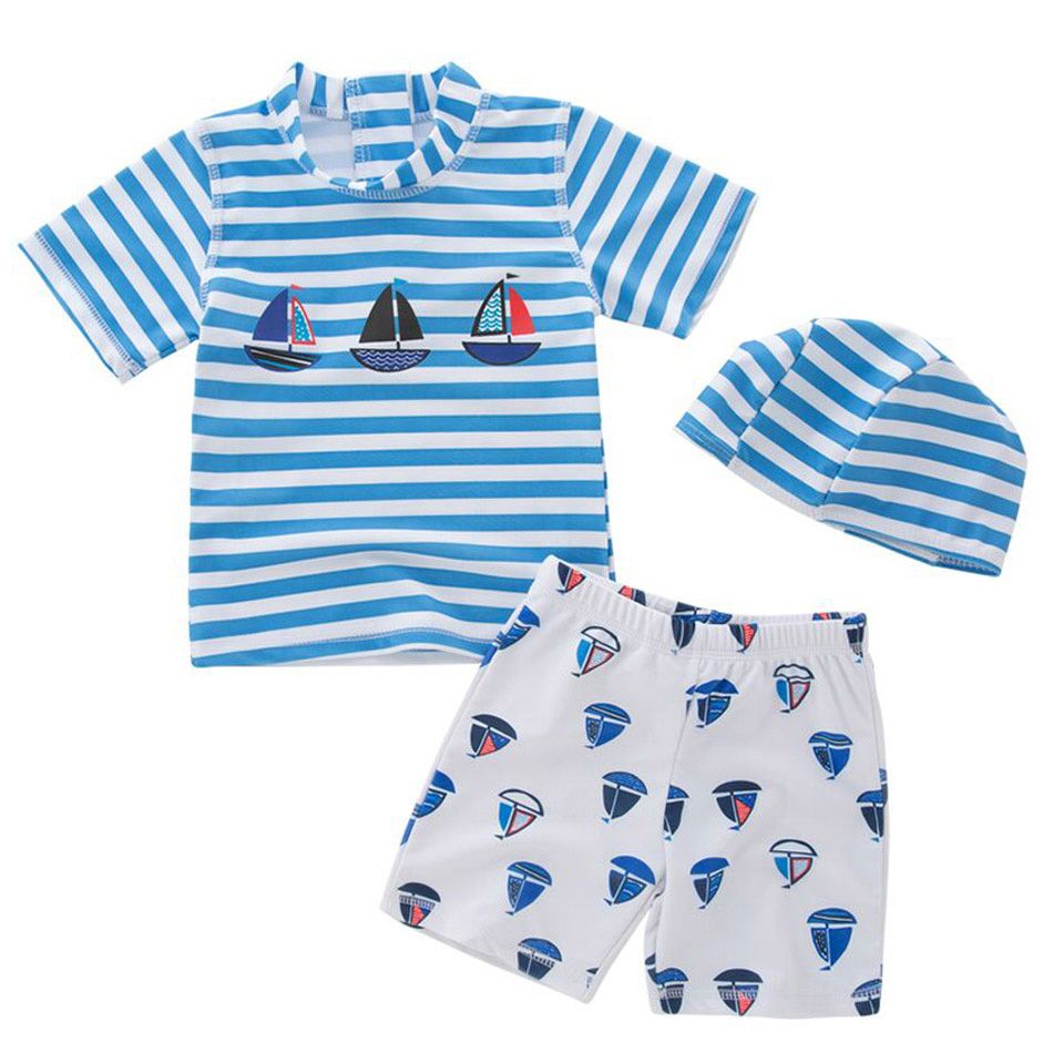 Super Cute - Sailboat-Themed 2-pc Swimsuit + Swimcap