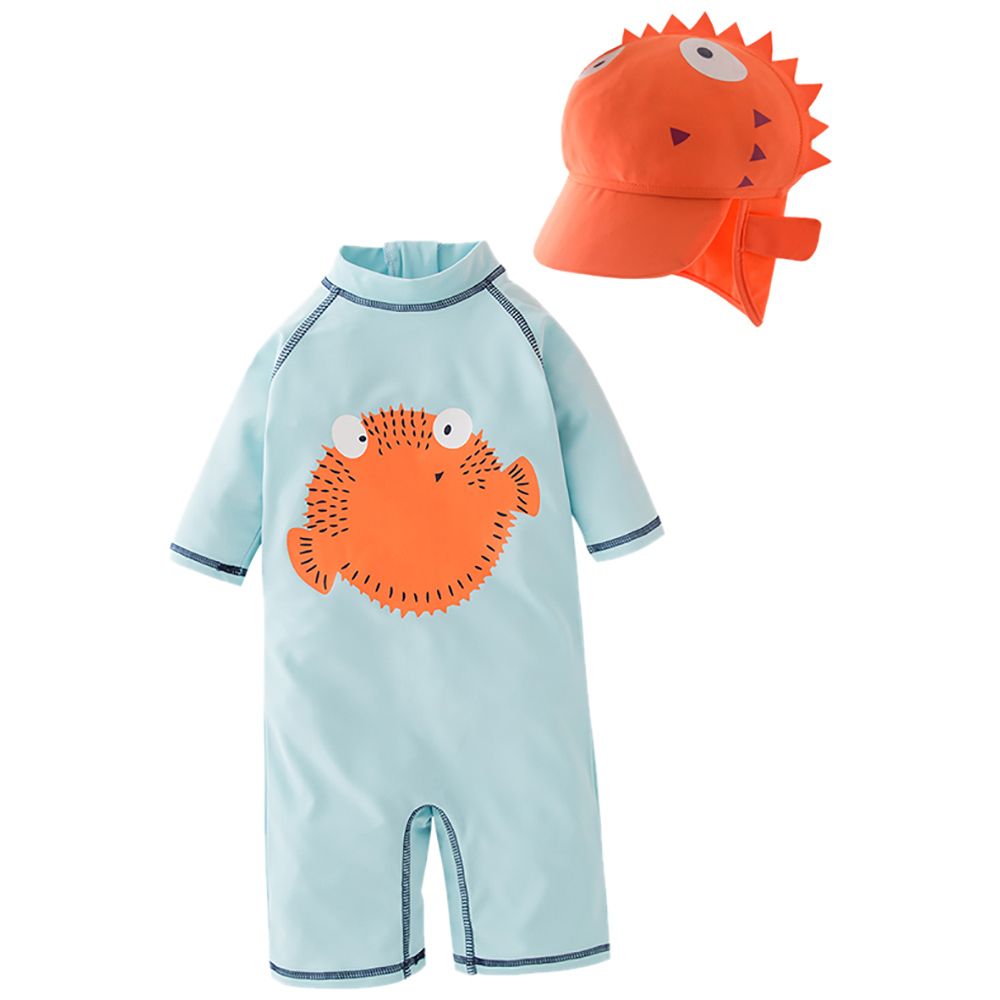 Super Cute - Spike Fish Swimsuit With Cap - Blue