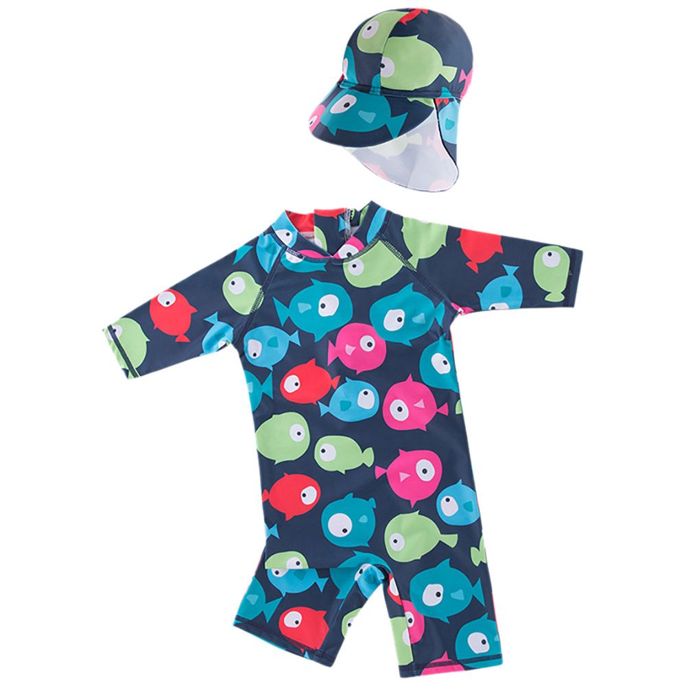 Sugar Rush - Fish Printed Swimsuit With Cap - Blue_18m-6y