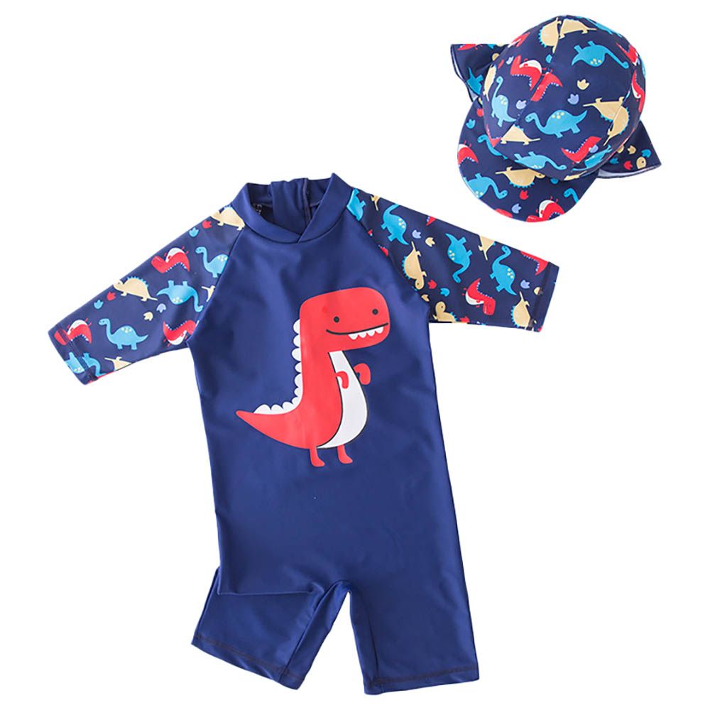 Sugar Rush - Dino Printed Swimsuit With Cap - Navy