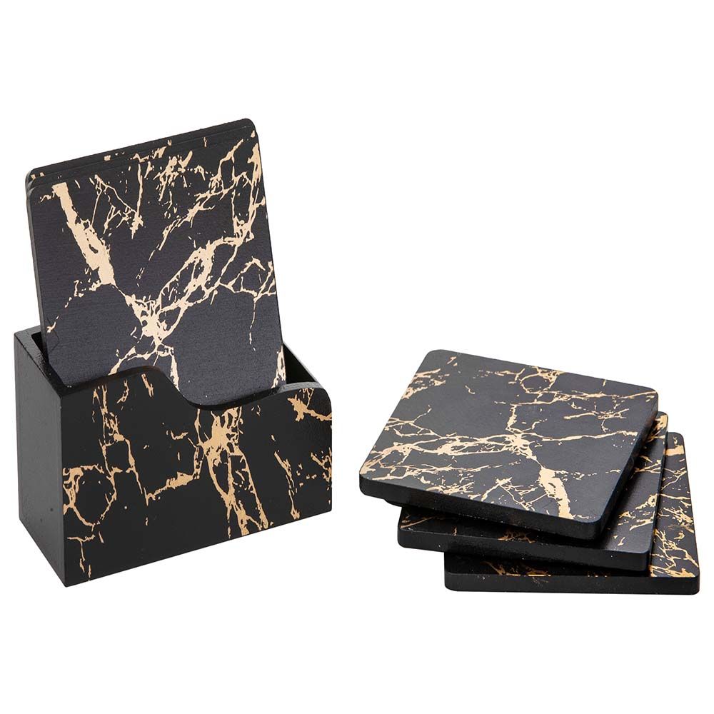 A'ish Home - Wooden Marble Print Coasters 6pcs Set - Black