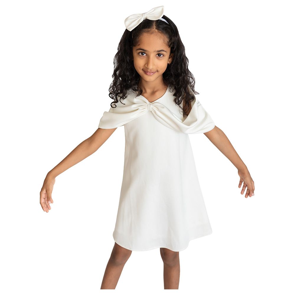 A Little Fable - Girls Solid Bow Dress - White