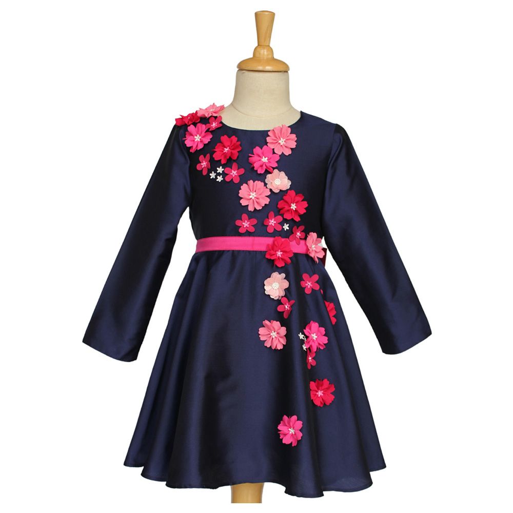 A Little Fable - Floral Full Sleeve Dress - Navy Blue