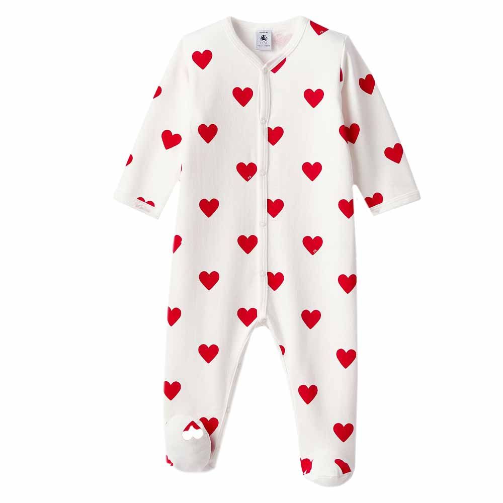 Petit Bateau - Baby Red Heart Fleece Sleepsuit - White