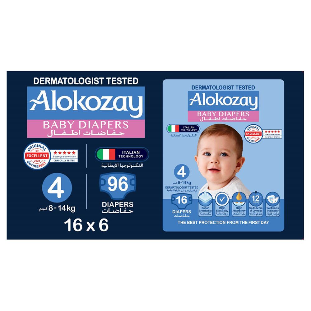 Alokozay - Premium Baby Diapers 8-14kg Size 4 - 16pcs - Pack of 6