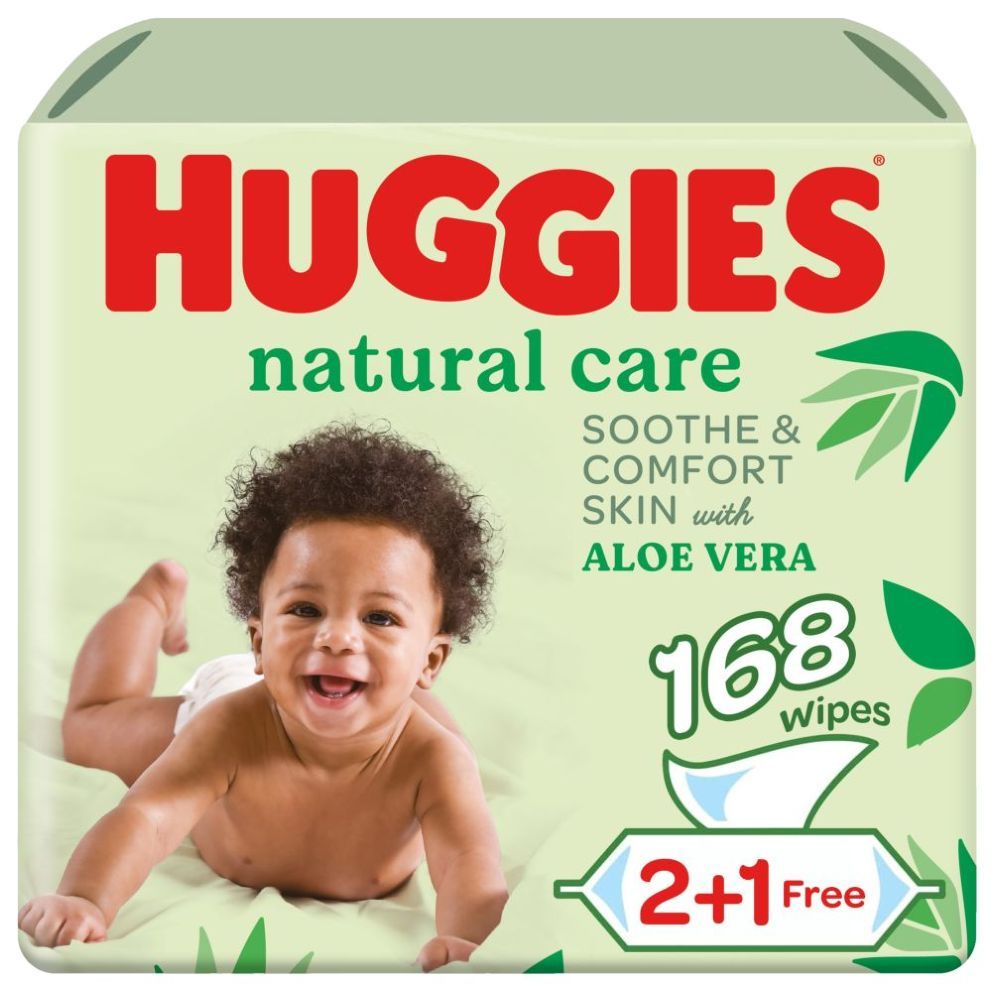 Huggies - Natural Baby Wipes, Aloe Vera Wipes, 3 Pack x 56 Wipes (168 Wipes)