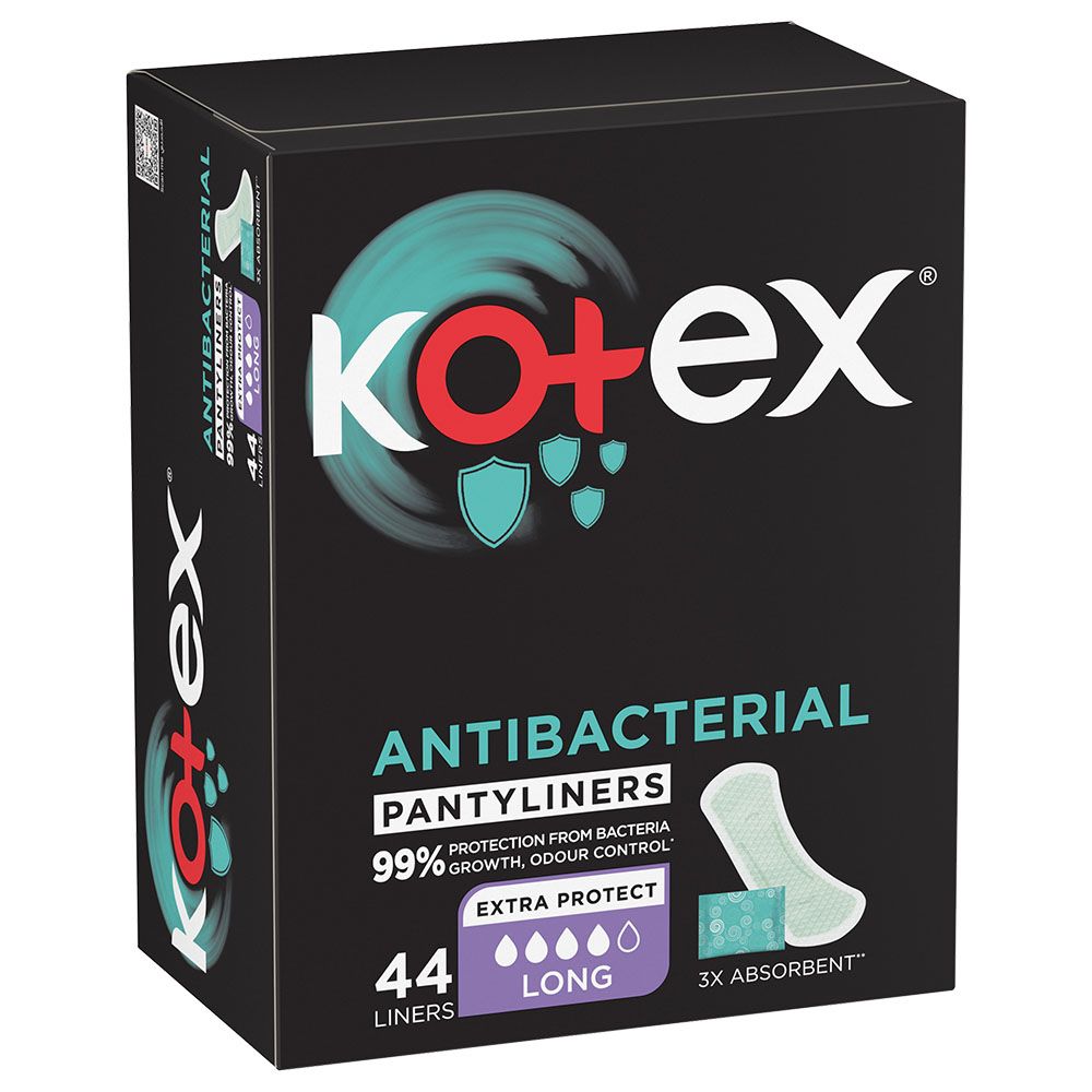 Kotex - Antibacterial Panty Liners, 99% Protection from Bacteria Growth, Long Size, 44 Daily Panty Liners