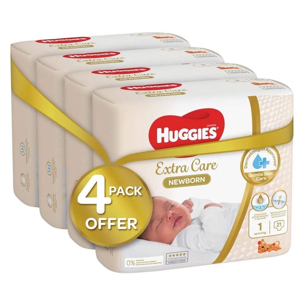 Huggies - Extra Care Newborn, Size 1, Up to 5 kg, Mega Pack, 84 Diapers - Pack of 4