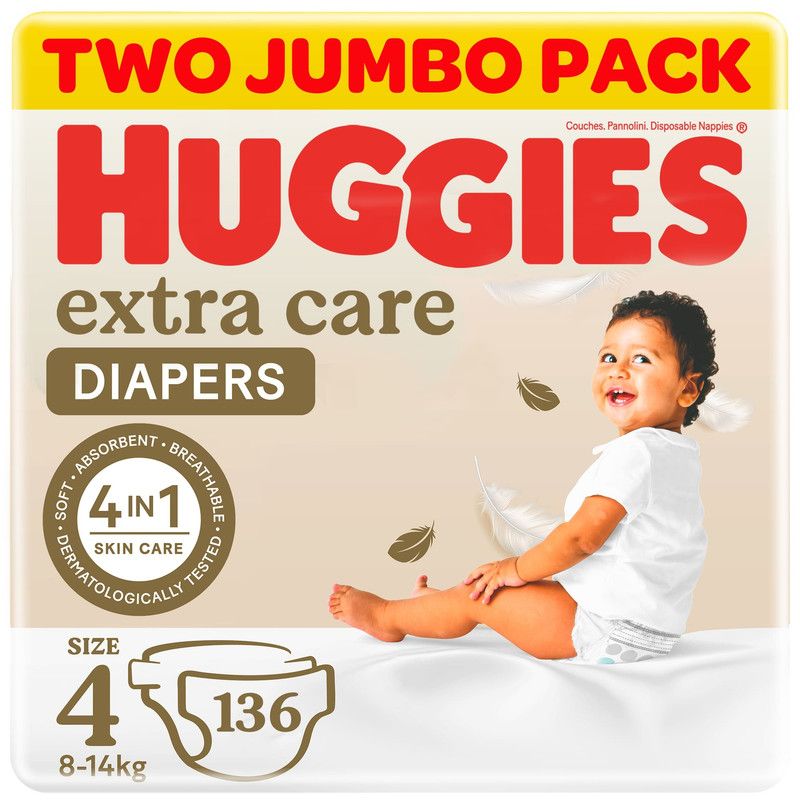 Huggies - Extra Care, Size 4, 8 -14 kg, Twin Jumbo Pack, 136 Diapers