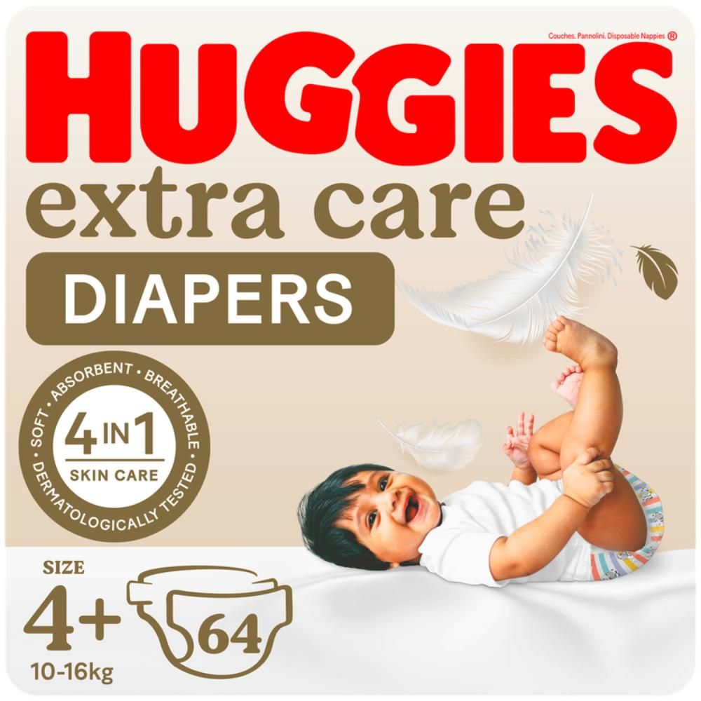 Huggies - Extra Care, Size 4+, 10 -16 kg, Jumbo Pack, 64 Diapers