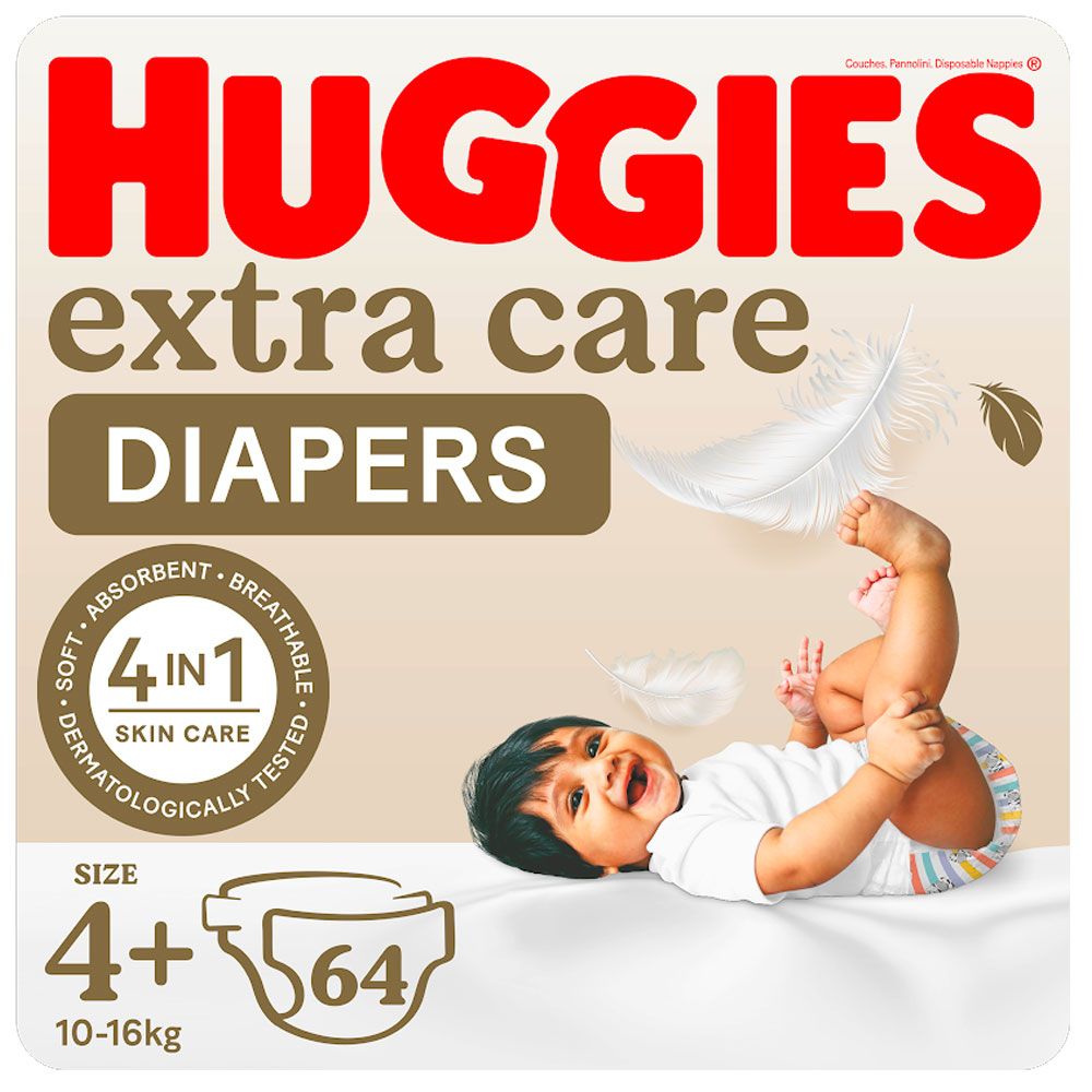 Huggies - Extra Care, Size 4+, 10 -16 kg, Jumbo Pack, 64 Diapers