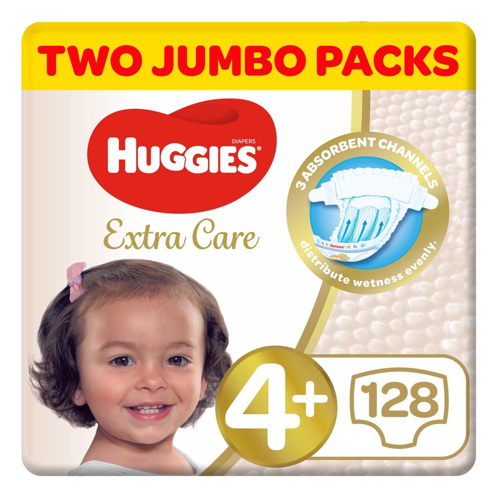 Huggies - Extra Care, Size 4+, 10 -16 kg, Twin Jumbo Pack, 128 Diapers - Packaging May Vary