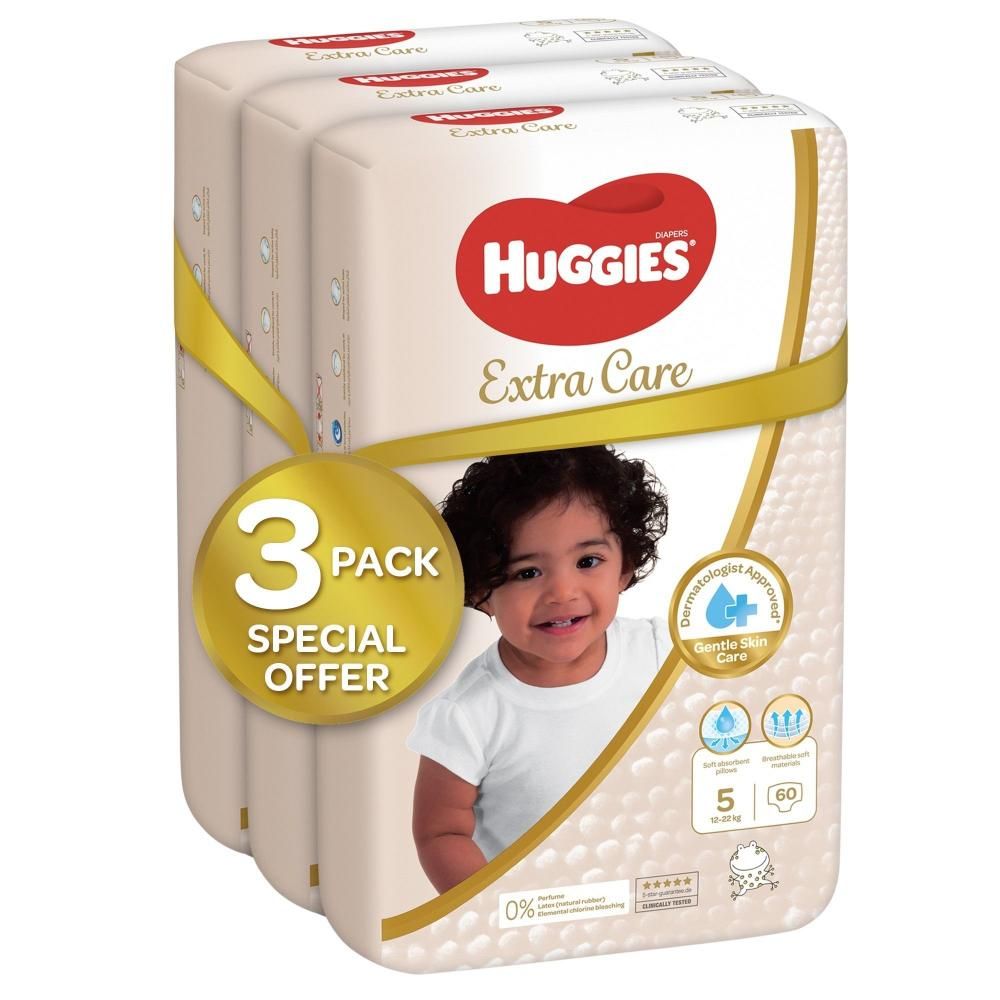 Huggies - Extra Care Baby Diapers, Size 5, 12 -22 kg, Super Mega Pack, 180 Diapers - Pack of 3