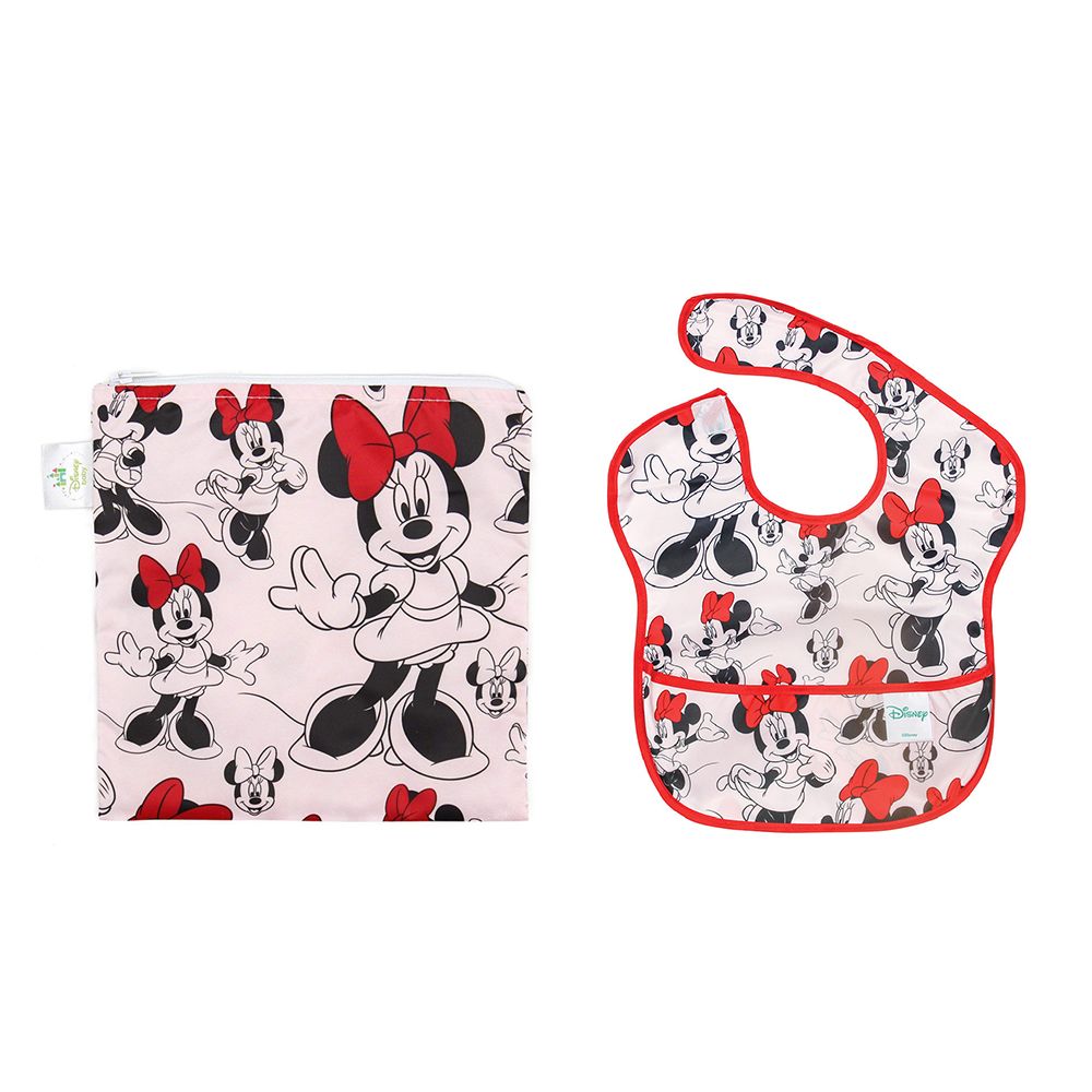 Bumkins - Minnie Mouse Single Reusable Snack Bags, Large + Minnie Classic Bib - Pink