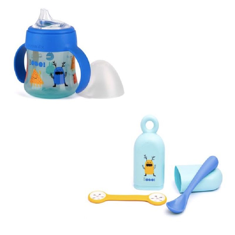 Suavinex - Booo Set On the Go Holder Spoon & Bib Clip + Bottle Handles-Non Spill Spout 150ml 4m+ - Blue