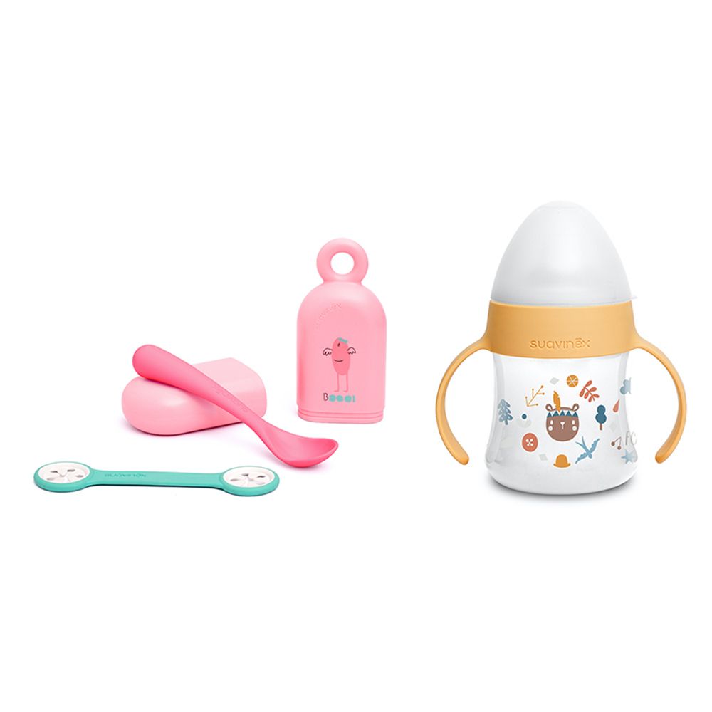 Suavinex - Booo Set On the Go Holder Spoon & Bib Clip + Bottle Handles-Non Spill Spout 150ml 4m+ - Pink