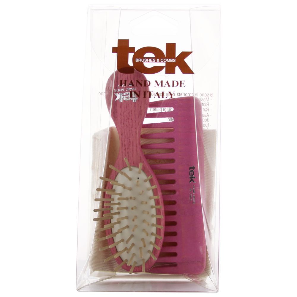 Tek - Oval Wooden Brush And Comb With Cotton Bag - Pink