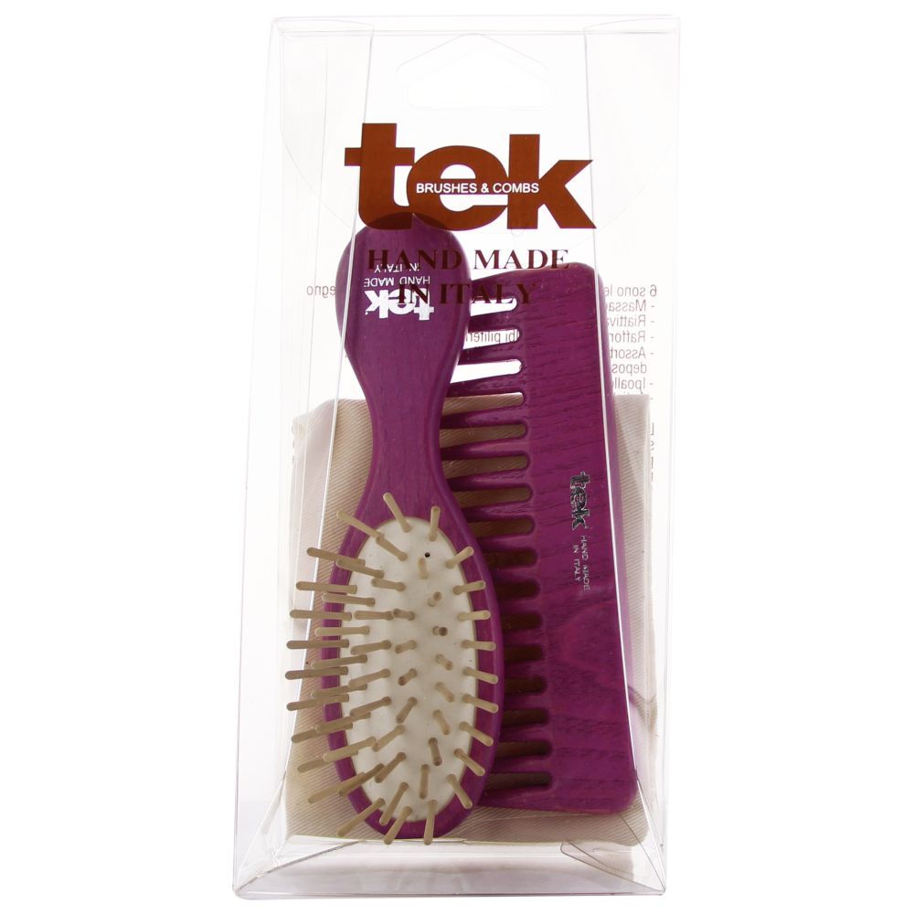 Tek - Oval Wooden Brush And Comb With Cotton Bag - Violet