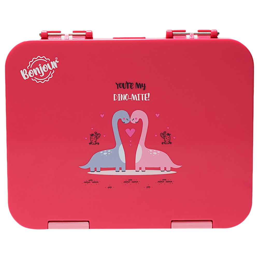 Bonjour - Dual Clip Tiffin Bento Lunch Box - Pink Dino